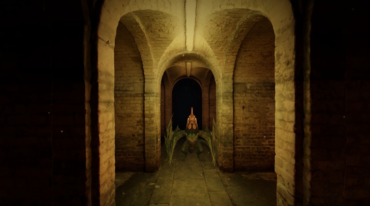 The Basilisk's Gaze: the basilisk rises out of the dark in the crypt